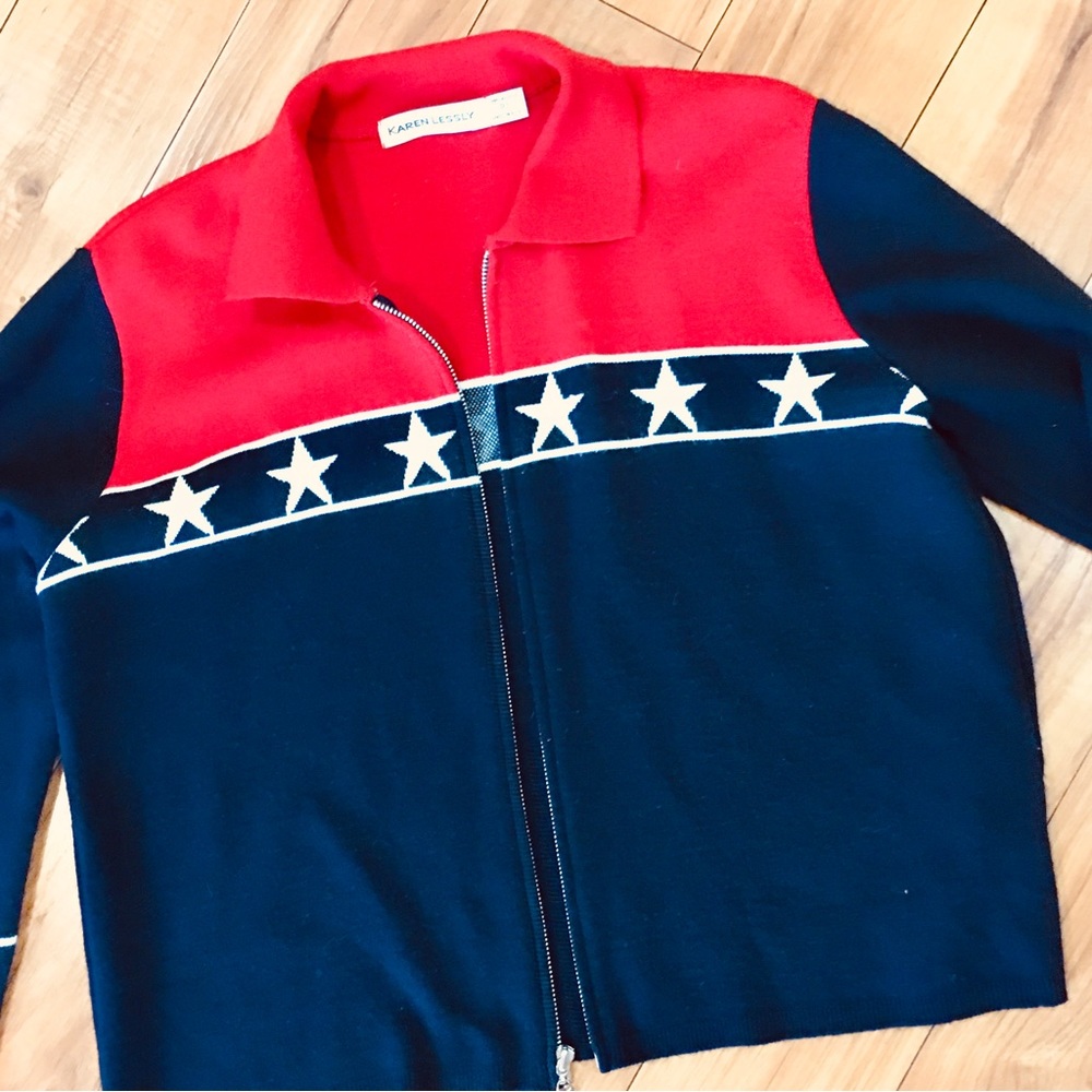 Karen Lessly super star cardigan sweater patriotic July Olympics red whi…